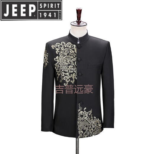 JEEP SPIRIT Black Stand Collar New Chinese Mao Suit Male Singer Chorus Middle-aged Student Youth Performance Suit Republic of China Black Golden Phoenix Top 180 (XL) Height 180 Weight around 160