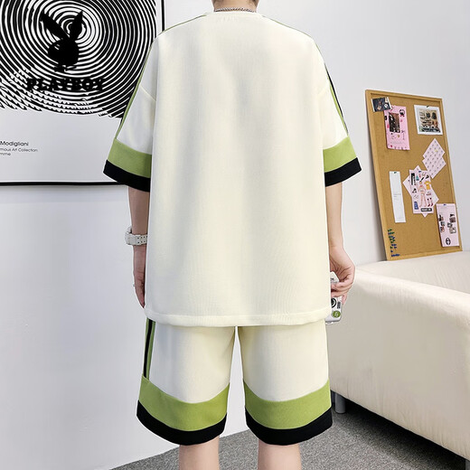花花公子（PLAYBOY）短袖t恤男休闲套装男2024夏季华夫格短裤两件套圆领半袖男体.恤衫 DT681黑色套装 170 (约110~125斤可穿)