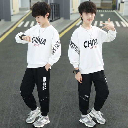 Venetutu boys suit spring and autumn 2022 spring new Korean version medium and large children's suit sweatshirt trousers boys casual sports student two-piece set 3-15 years old trendy black 150 size recommended height around 140 cm