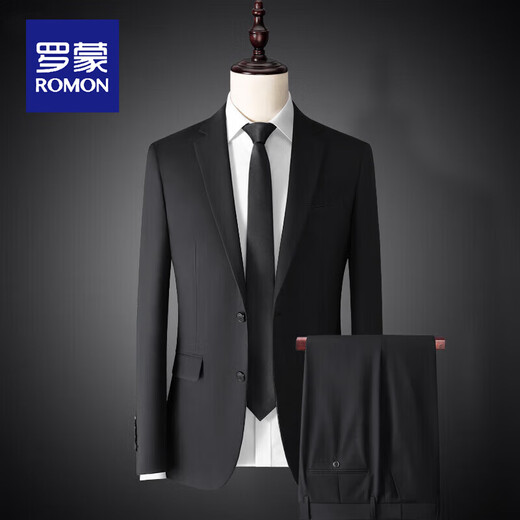 ROMON new suit men's four seasons business slim fit no ironing trendy casual men's small suit single suit top suit jacket warm black double button/single suit/double slit L 175