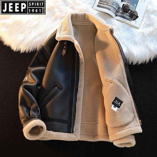 JEEP SPIRIT fur all-in-one jacket men's winter plus velvet thickened suede leather jacket lamb fur coat lamb wool cotton jacket brown XL