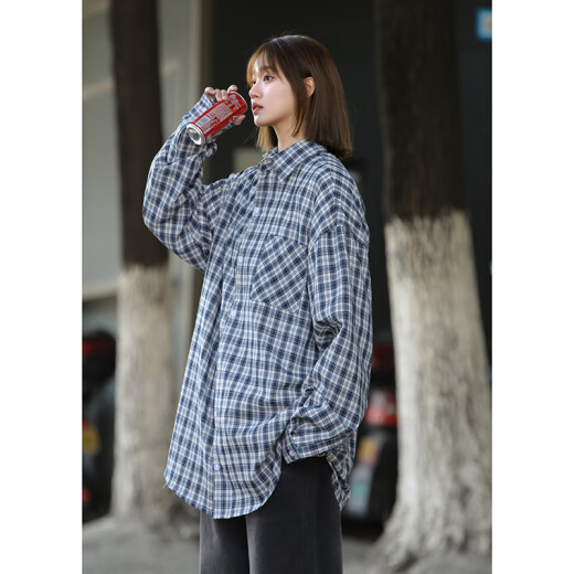 QGF long-sleeved shirt for women spring new forest style small person loose versatile casual simple Korean style college style jacket trendy blue check M