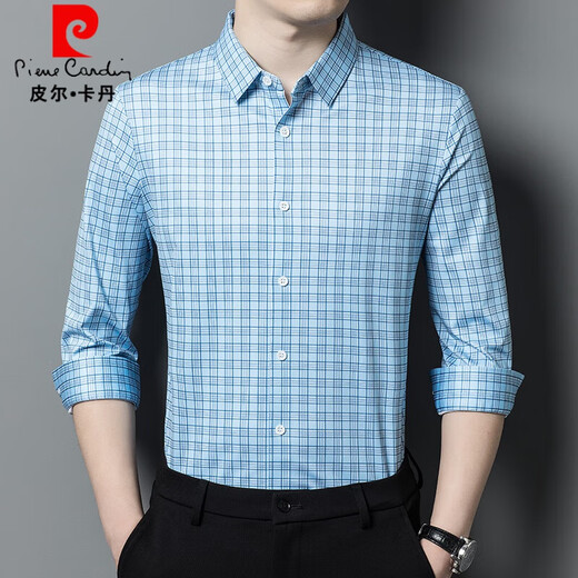 Pierre Cardin Heavyweight Mulberry Seide Langarmed Hemd für Männer High-End Business Casual No-Striped Striped Ice Seide Hemd für Männer /By901 Red Grid 165 /m [Gewicht 100-115jin [Jin gleich 0,5 kg]]]