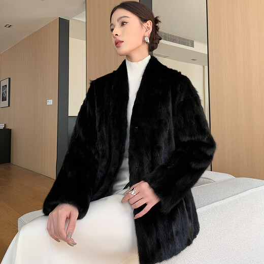 Aoerrun Haining imported 2025 new mink fur coat for women mink fur young style fashionable V-neck black M 90-110Jin Jin is equal to 0.5 kg