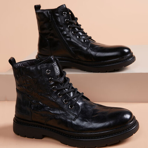 COOKOOS brand Martin boots men's top layer cowhide genuine leather British style Zhongbang work boots casual versatile leather boots men's black 38 (240mm)