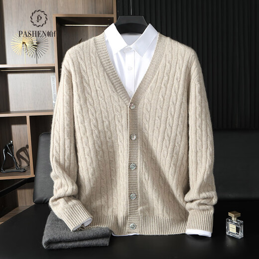 Pash Herren Cashmere Cardigan 100% Kaschmir Herbst und Winter V-Ausschnitt Twist Blume Dicker Strickpullover Jacke TRC1478 Elephant Grey L.