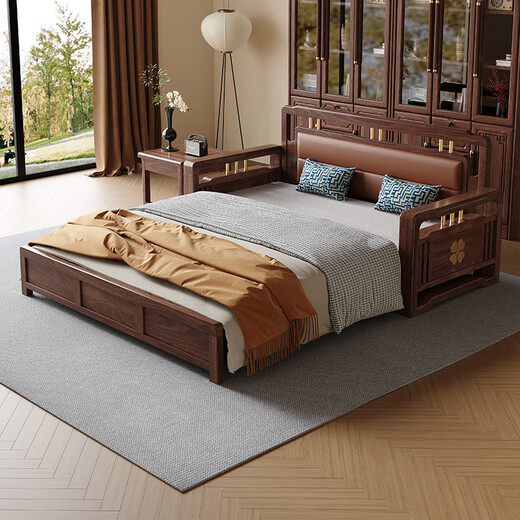 Caibaimu-Schlafsofa aus schwarzem Walnuss-Massivholz-Schlafsofa, All-in-One-Dual-Purpose-2025-Push-Pull-Kleinwohnungs-Wohnzimmer-Massivholzbett, 1,8-Meter-Schlafsofa, verbesserte Latex-Stil-Montage