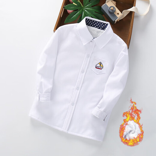 Xin Yueqing boys' autumn and winter velvet long-sleeved shirt for middle and large children casual versatile shirt children's thickened warm base cardigan - sailing boat - blue velvet 120 yards