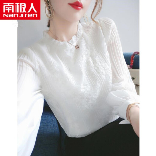 Antarctic long-sleeved shirt for women 2021 spring new style instantly charming elegant fungus edge embroidered versatile lace chiffon shirt for women NRE232-8763-White S