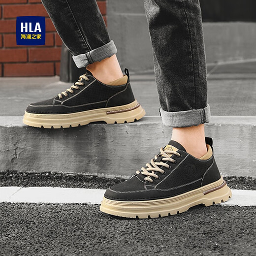 Hailan Home (HLA) Herrenschuhe Sommer 2025 Neue Freizeitschuhe Retro atmungsaktive Arbeitsschuhe erhöht Anti-Rutsch-Martin-Schuhe der Herren-Schwarzpuppe atmungsaktiv 42