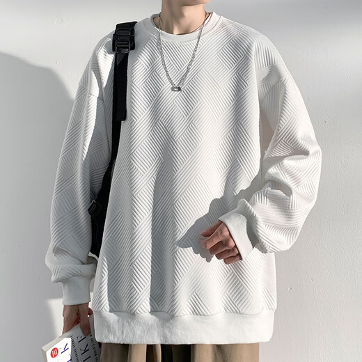 OEMG华夫格重磅无帽加绒加厚卫衣男春秋冬季潮牌保暖圆领宽松百搭外套 黑色常规 XL [建议125-140斤]