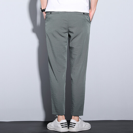 Hunpai Wolf Summer Thin Cropped Pants Men Fashionable Men's Casual Pants Lightweight Pants Trendy Elastic Feet 9-point Pants Cropped Pants R3884 Gray Green Ultra-Thin Style 2XL