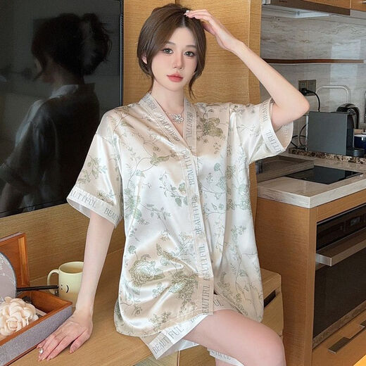 Victoria's style new Chinese style summer short-sleeved ice silk pajamas for women in summer 2024 new short-sleeved shorts for outdoor wear home clothes 848# double-breasted light blue white background rabbit M
