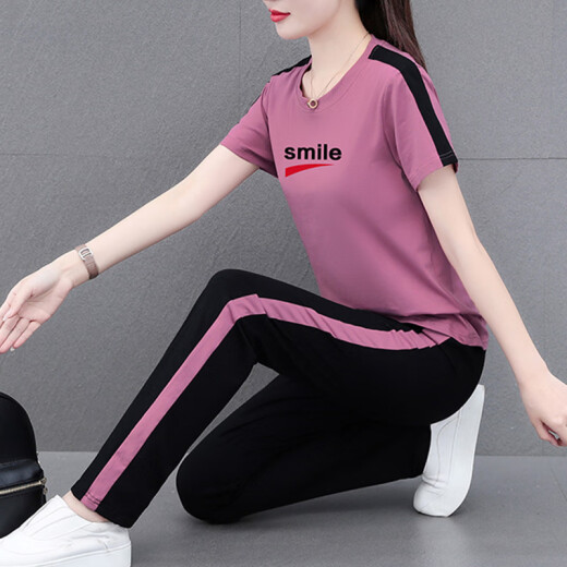 NY-EMMA运动套装女短袖夏季薄款洋气减龄中年棉质休闲时尚跑步服两件套 695宝蓝（长裤套装） XL(建议110-125斤)