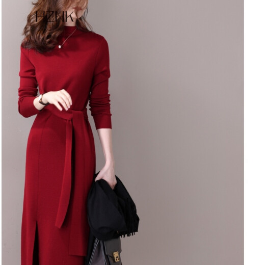 HZNK brand women's half-high collar knitted dress mid-length 2021 autumn winter spring new bottoming waist slimming slit evening dress skirt red M