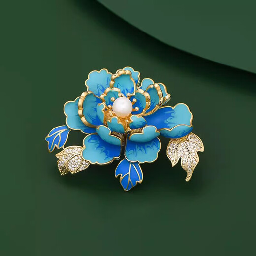WEISHINI Chinese style dotted emerald peony brooch for women, national fashion classical pearl corsage, elegant and elegant pin, exquisite accessories dotted emerald blue peony B01-203