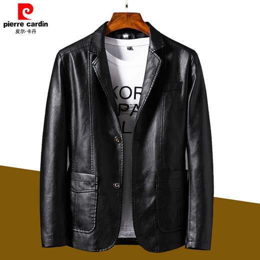 皮尔卡丹（pierre cardin）春装新款西装领皮衣男士休闲PU皮外套春季舒适厚修身夹克男装 土黄色 M 【80-105斤】