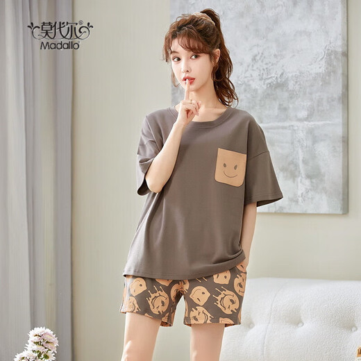 Modal 2024 pajamas for women in summer cotton thin style cute Korean style student short sleeve two-piece suit spring and autumn loose summer home fashionable maroon GXT6636 picture color L (recommended 95-115Jin [Jin equals 0.5 kg])