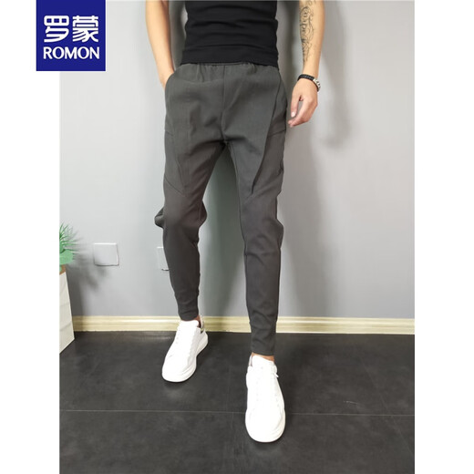 罗蒙（ROMON）男士休闲裤子潮流ins韩版修身束脚裤春秋季时尚运动九分哈伦裤男 黑色808 30 首选115125斤