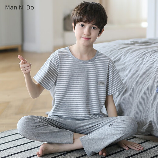 
Mannido pajamas men's summer pure cotton short-sleeved trousers thin boys 2024 new men's big children and teenagers' home N9903 [short length] 16 size recommended 135-145cm