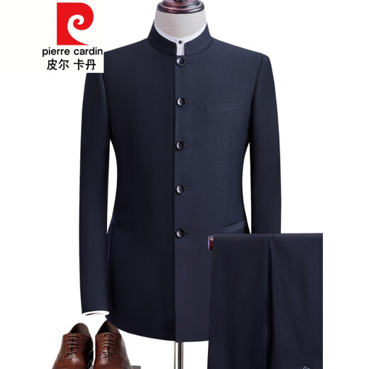 皮尔卡丹春秋中山装套装男士中青年中华立领西服韩版修身款新郎中式礼服 暗扣黑687 两件套 175/108