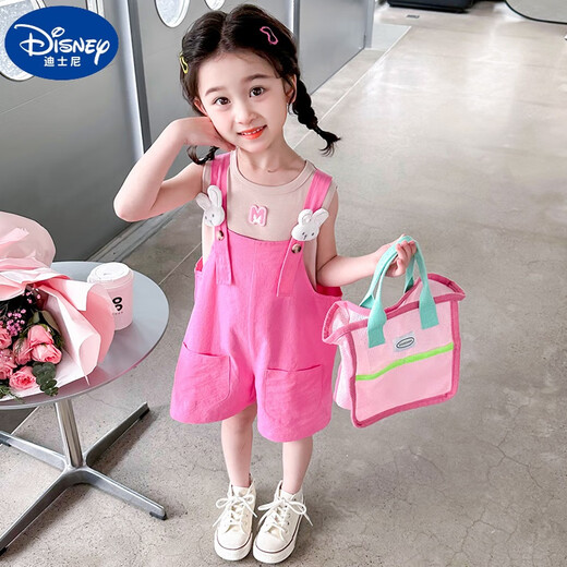 迪士尼（Disney）儿童背带裤套装夏款女童无袖薄款两件套2025新款洋气小女孩衣服潮 玫红色 130 适合身高120-130cm年龄7-8周