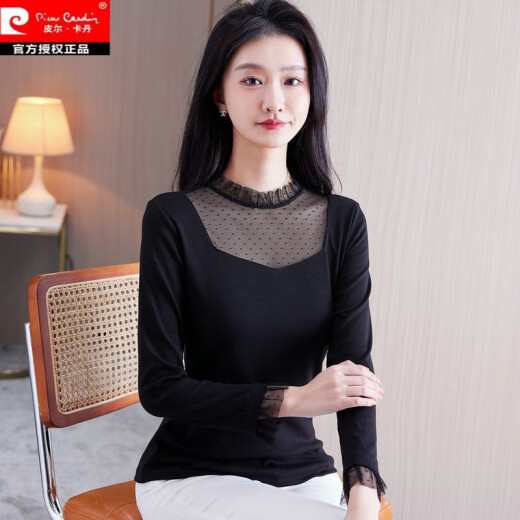 皮尔卡丹2025春秋新款黑色莫代尔打底衫女内搭时髦洋气小衫t恤蕾丝上衣潮 7027黑 波点多边形领长袖 均码 (90斤-135斤)