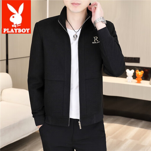 花花公子（PLAYBOY）2024新款春秋季男装夹克男士休闲外套潮流百搭翻领夹克男上衣 2687黑色 XL