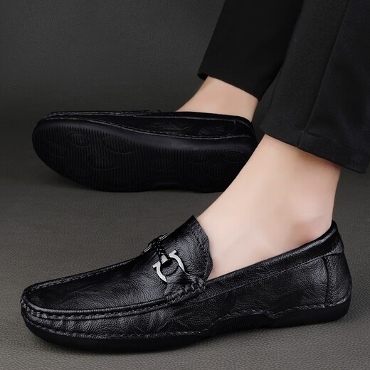 CLOHOO Doudou zapatos para hombres primavera y otoño de cuero de cuero genuino zapatos de cuero casual de cuero suave y transpirable anti-slip versátil pedal de una pieza negro 42 [tamaño de zapato de cuero]