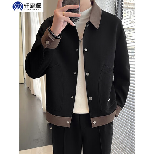 Xuan Sentu Spring and Autumn Men's Light Mature Style Jacket Jacket Men's Loose Large Size Stitching Contrast Color Top Fat Man Looks Slim Matching jk505 Black Jacket XL (175) Recommended 140-160 Jin Jin is equal to 0.5 kg