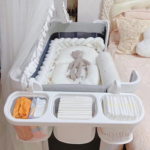 Tongxin baby playpen frame baby bedside hanging bag multifunctional diaper storage bag hanging bag hanging basket bedside crib hanging basket (gray white)