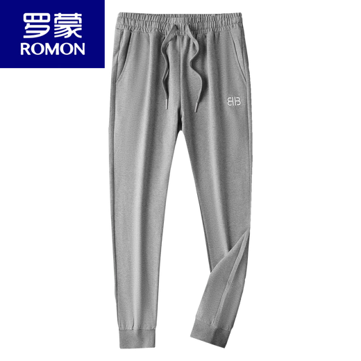 罗蒙（ROMON）运动裤男棉春秋薄款束脚休闲长裤小脚刺绣男士酒红色裤子男卫裤 黑色9928春秋薄款 M