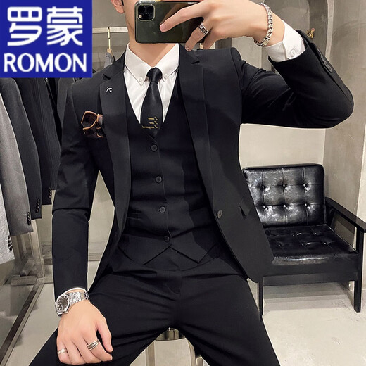 罗蒙（ROMON）痞帅西装男套装高级感修身新郎结婚礼服正装休闲小个子西服外套 黑色西装+裤子+白衬衫 M