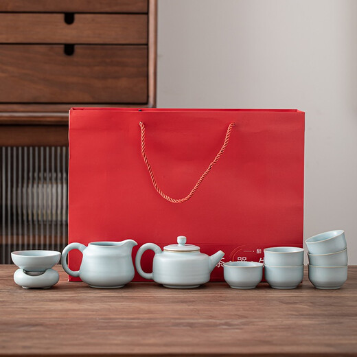 SUSHI CERAMICS Ru kiln Kung Fu tea set can be opened and can be used to grow Ru porcelain 10-head Zhongde teapot gift box J0430 holiday souvenir