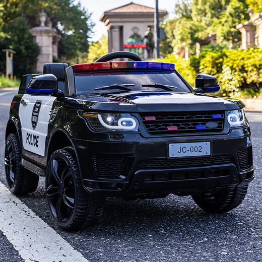 星辰皓儿童电动车四轮小孩遥控玩具车可坐人男女宝宝警车越野童车 顶配黑色+皮座+软轮+遥控+摇摆