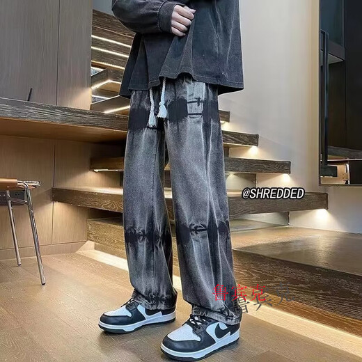 鲁宾克美式复古牛仔裤男春秋季直筒宽松高街阔腿长裤潮牌痞帅hiphop裤子 YC-7170黑色 L