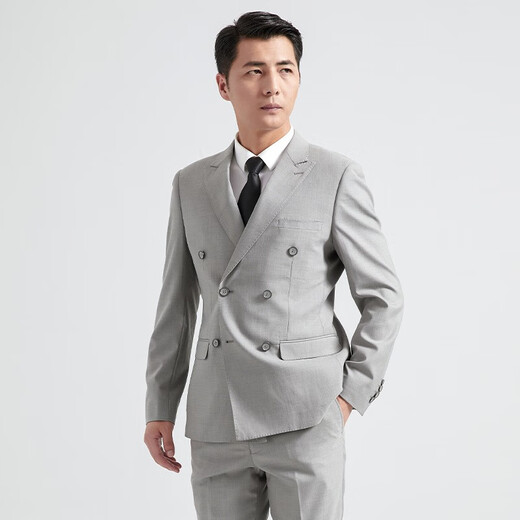 HAIPAIHAOYU西服套装男士双排扣商务正装戗驳领修身西装职业装宴会礼服双开衩 9901浅灰色 170A