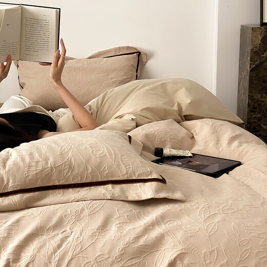 Snowsman pure cotton bed four-piece set, cotton embossed jacquard quilt cover, high-end bedding, Maillard simple wabi-sabi style bed sheets