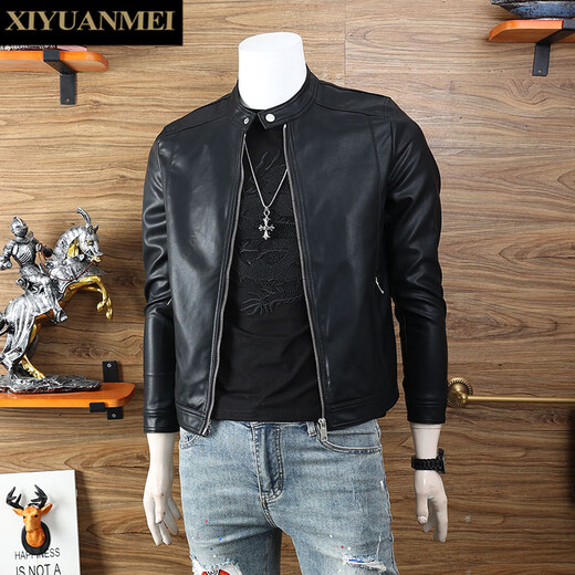 Nishihara Mei Fashion European Stand Collar Leather Jacket Men's 2025 Autumn New Slim Youth Leather Casual Jacket Black L