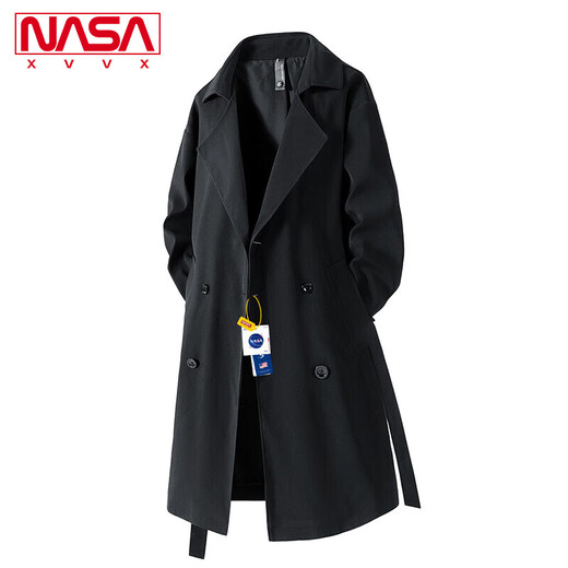 NASA XVVX official joint autumn and winter new mid-length windbreaker for boys loose casual double-breasted over-the-knee coat jacket for men black 2XL