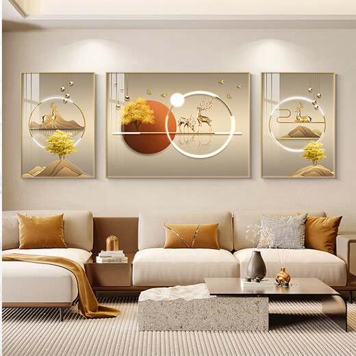 美优淳轻奢福禄客厅装饰画沙发背景墙挂画现代简约大气三联画高档壁画 JD14224福禄满园 左右50*70中间90*70 晶瓷镶钻铝合金金框