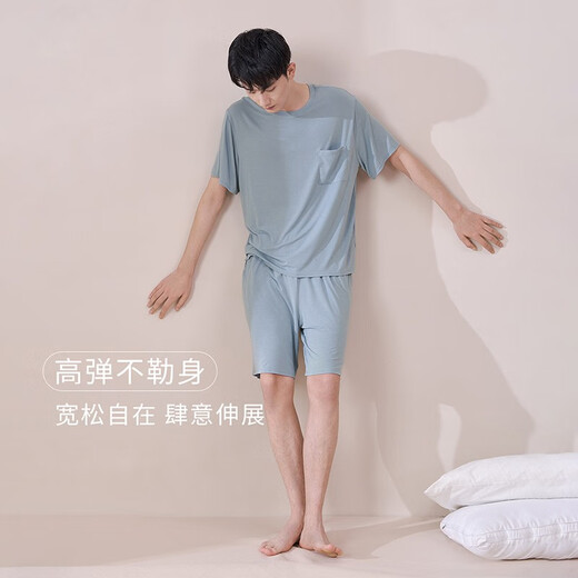 觅丝（Agentmuse）觅丝裸感睡衣男莫代尔睡衣可外穿女家居服圆领短袖短裤套装653 鹅黄色+乌木色（男款） M
