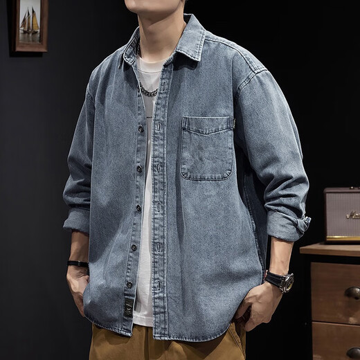 罗蒙牛仔衬衫男士秋季户外重磅工装外套春秋季美式蓝色耐磨纯色上衣男 Z757蓝色 3XL