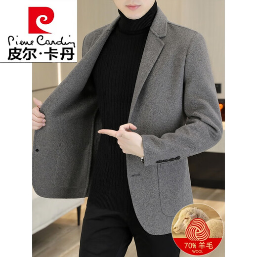 皮尔卡丹（pierre cardin）羊毛呢西服外套男士短款双面呢子羊毛绒大衣春秋款休闲西装针织 黑色(羊毛) M 170 120斤以内