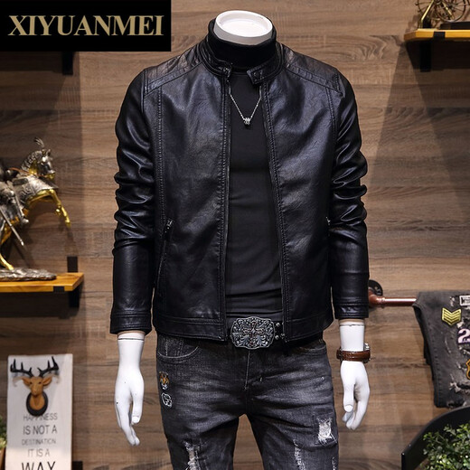 Mi Nishihara men's stand-collar leather jacket autumn Korean style trendy slim handsome leather jacket men's jacket FD6915 black M