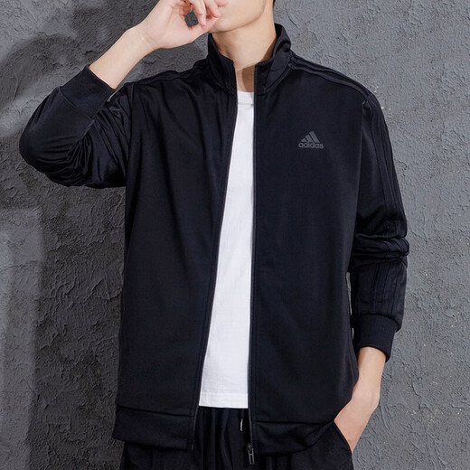 Adidas Men's Sports Cost Fitness Fitness Casual and Fashay Open-Basted Stand-Up Collar veste veste pantalon en tricot lâche H46101 + GK9226 / Black Trois bandes sur le côté de la veste L