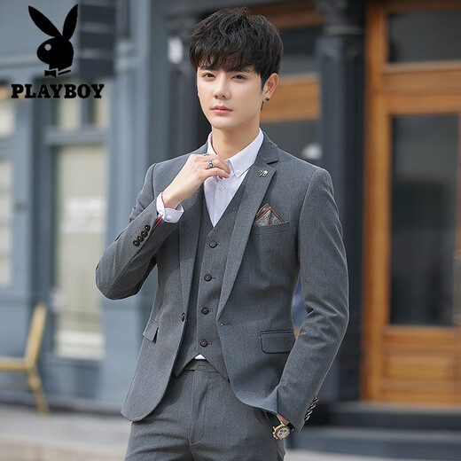 Playboy Suit Men's Casual Jacket Men's Fashion Handsome Professional Formal Wear Three-piece Slim Korean Style Suit Groom Wedding Black Three-piece Suit XL