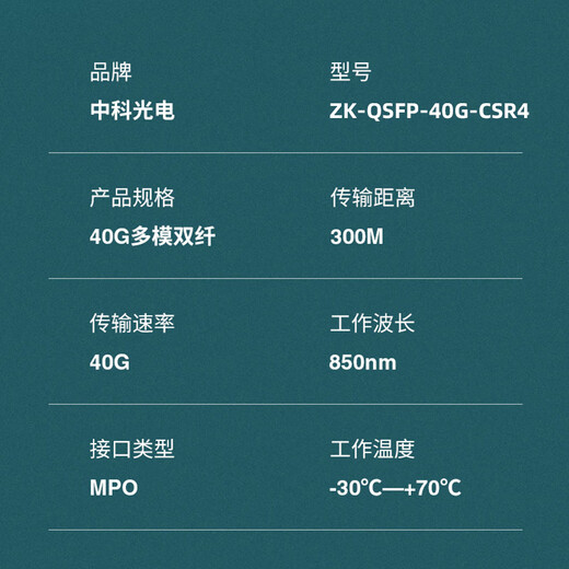 Zhongke Optoelectronics 40G Optical Module Fiber Module QSFP+ Optical Module MPO Multimode 300m ZK-QSFP-40G-CSR4 One