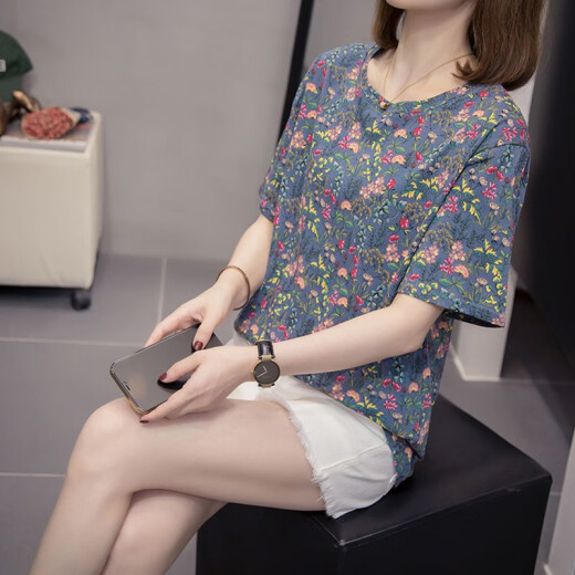 雪凡茜（XUEFANXI）2025夏天季新款花卉碎花短袖t恤女装宽松半袖体恤棉衣上衣服9731 灰色 XL 建议115-135斤