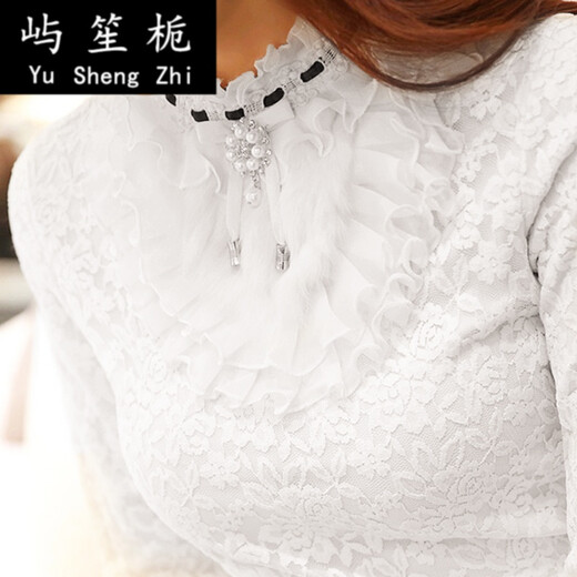 Temperamento Camisa base de encaje de vanguardia para mujeres para mujeres de manga larga más vellón otoño e invierno 2021 nueva camiseta delgada y camisa de moda versátil. Blanco 9928 más lana xl